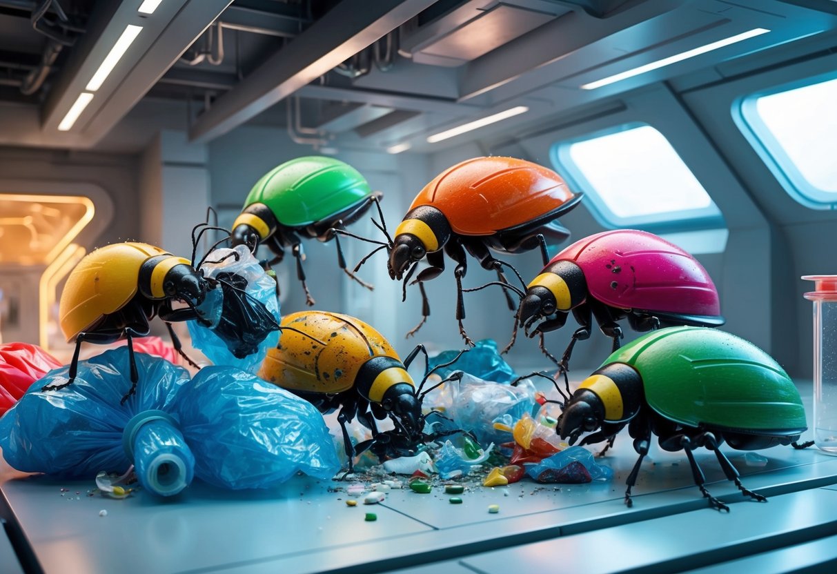 A group of colorful bugs devouring plastic waste in a futuristic laboratory setting