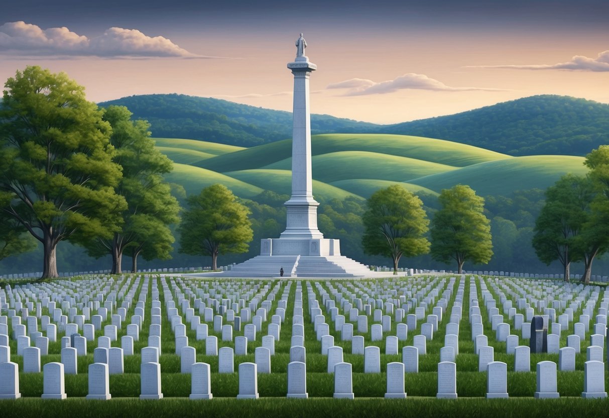 A solemn memorial at Gettysburg, with rows of gravestones and a towering monument, surrounded by rolling hills and a somber sky