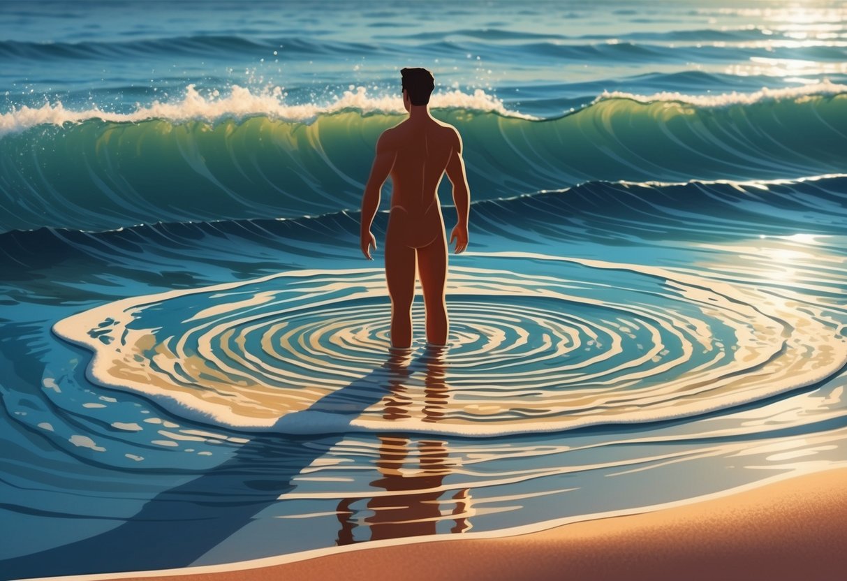 A figure stands at the water's edge, waves gently lapping at their feet, creating mesmerizing ripples in the sunlight