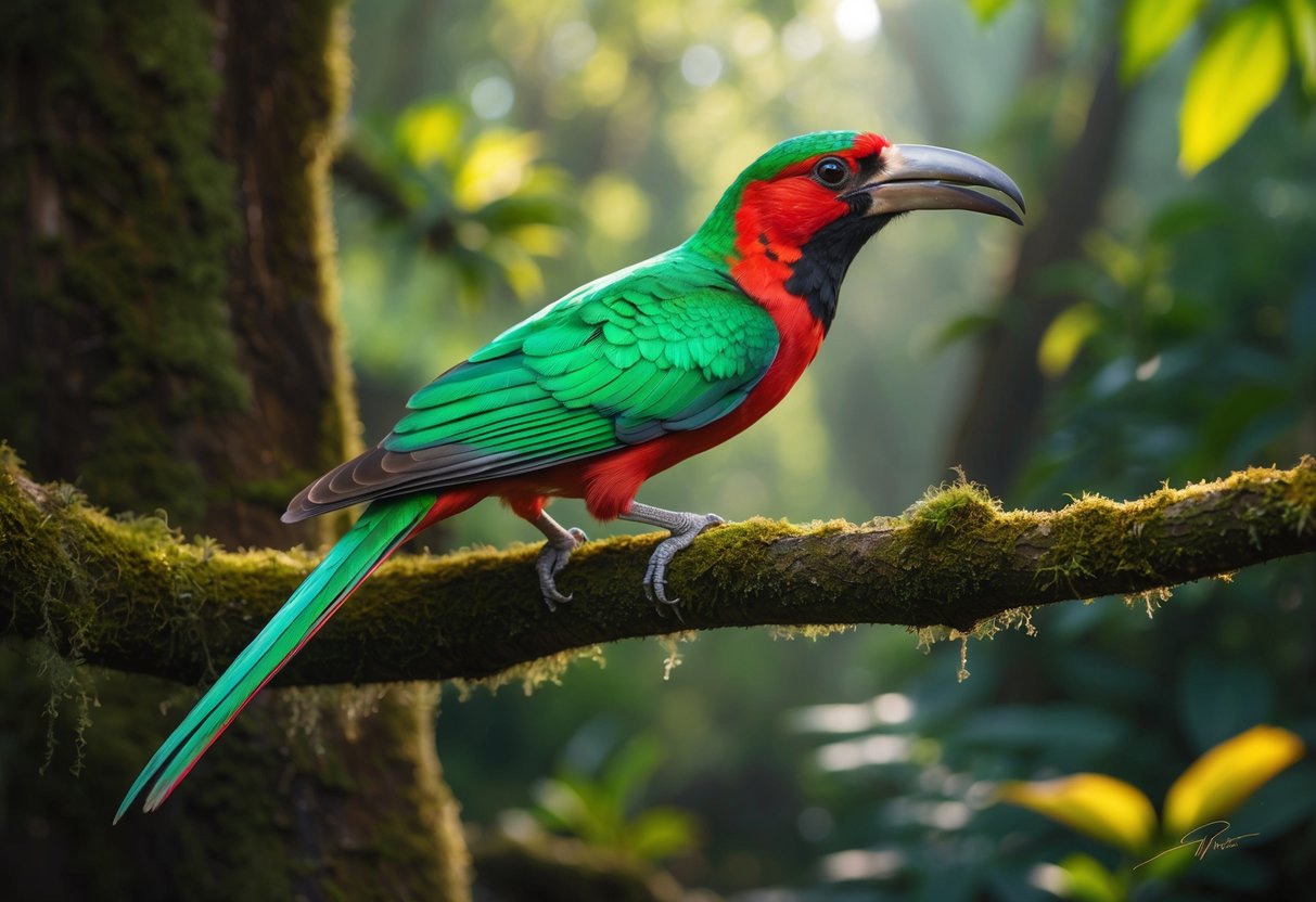 A vibrant quetzal perched on a moss-covered branch, its iridescent green and red plumage shimmering in the dappled sunlight of the cloud forest