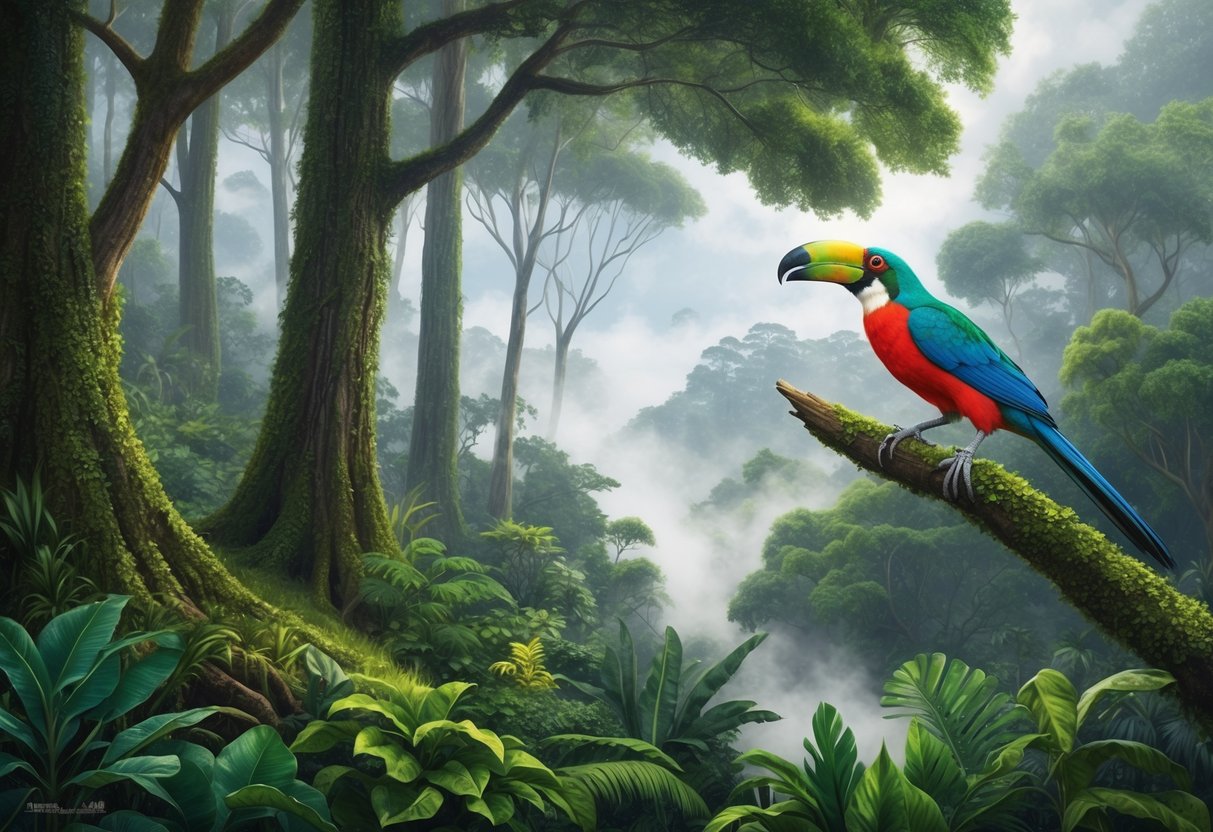 A lush, misty cloud forest with tall trees and vibrant foliage, where a resplendent quetzal bird perches on a branch