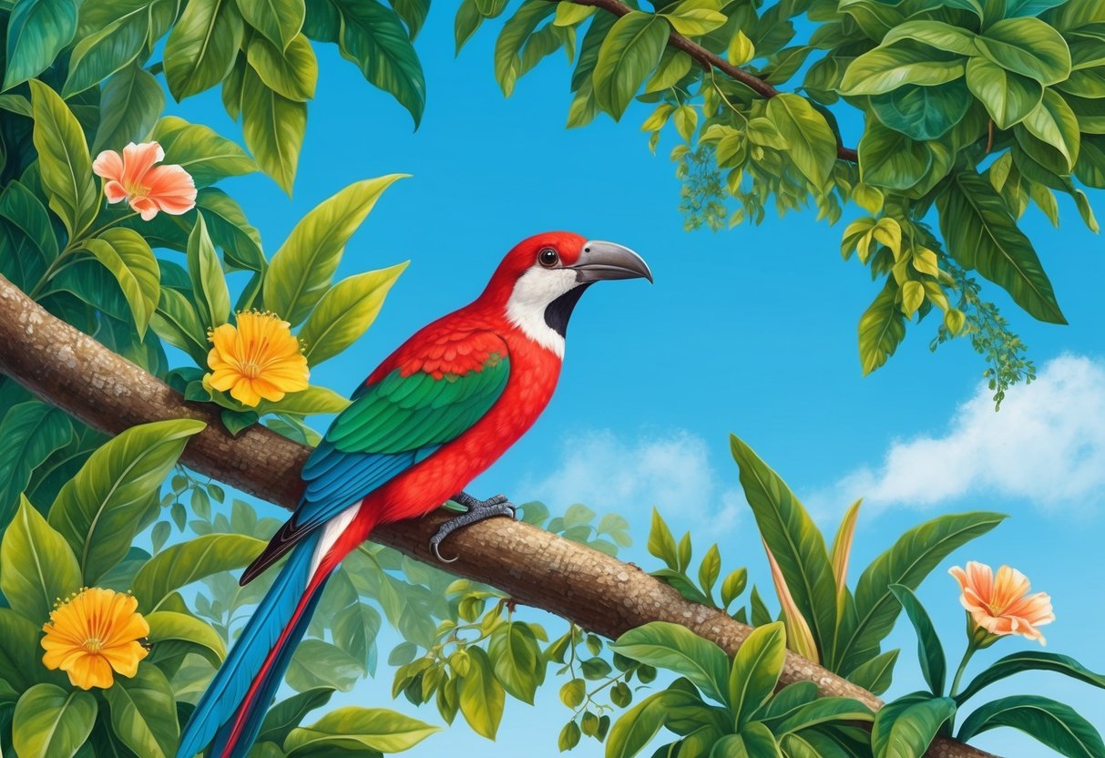 A quetzal perched on a tree branch, surrounded by lush green foliage and vibrant flowers, with a clear blue sky in the background