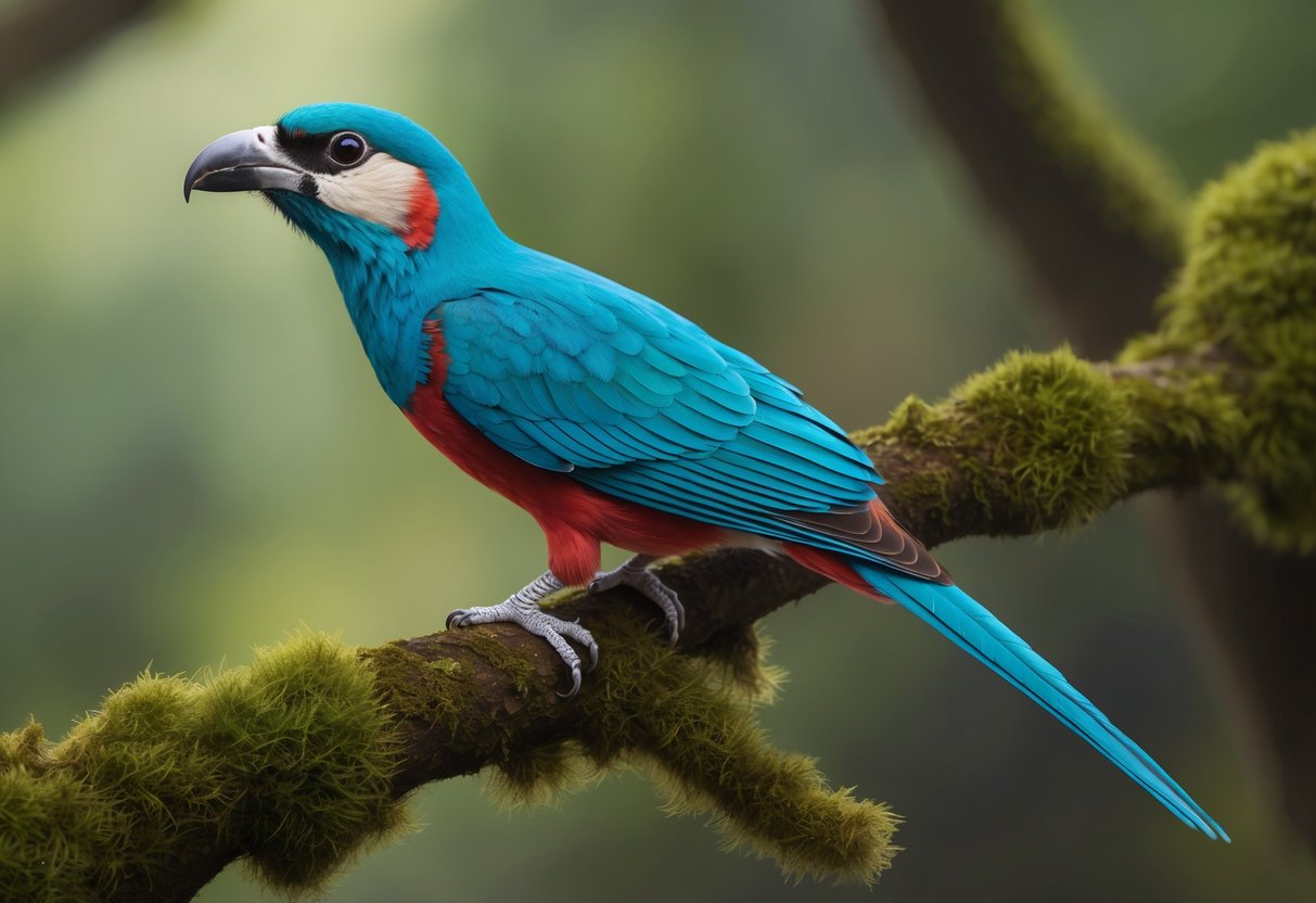 A quetzal perched on a mossy branch, displaying vibrant plumage and a proud posture