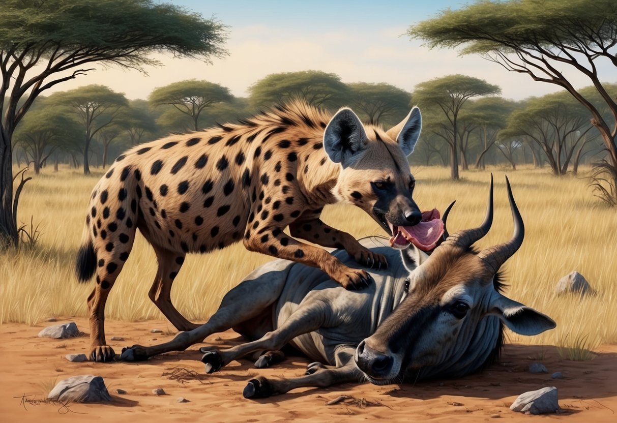 A spotted hyena feasting on a wildebeest carcass in the African savannah