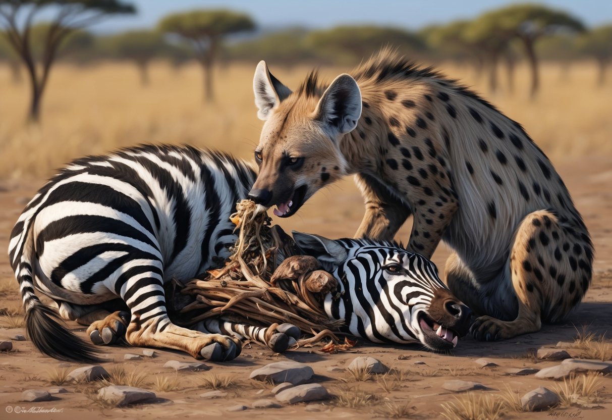 A hyena tears into a fresh kill, feasting on the remains of a zebra carcass in the African savanna