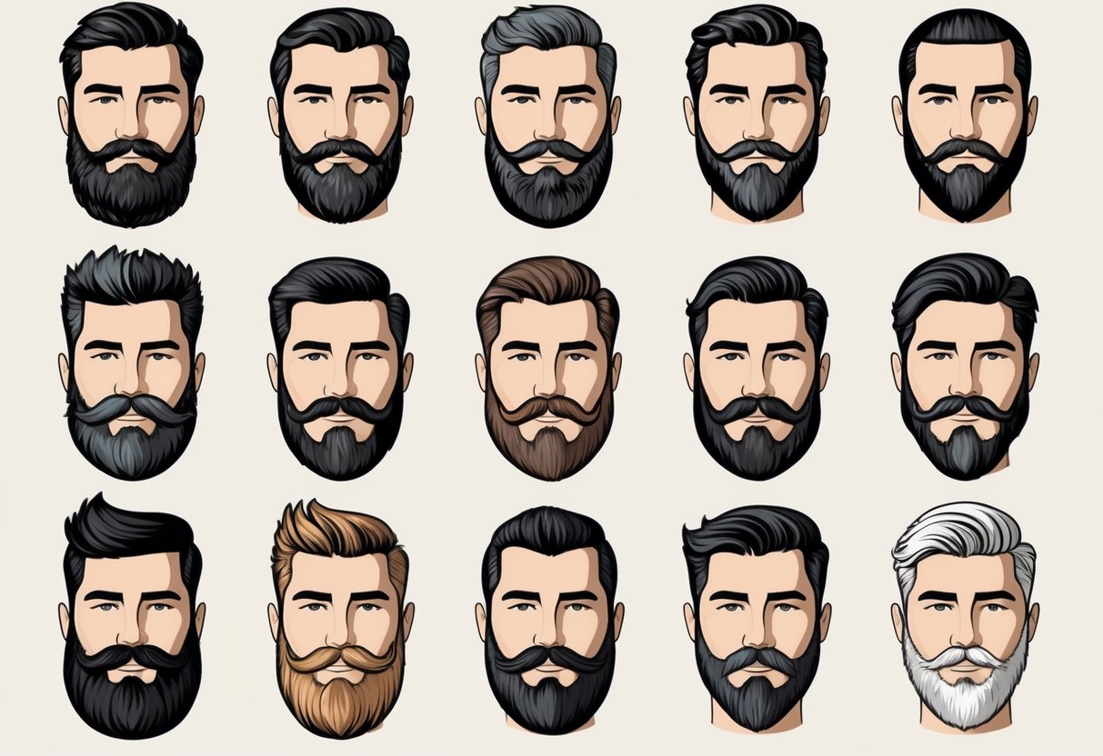 A diverse array of facial hair styles, from full beards to sculpted mustaches, displayed on a variety of mannequins