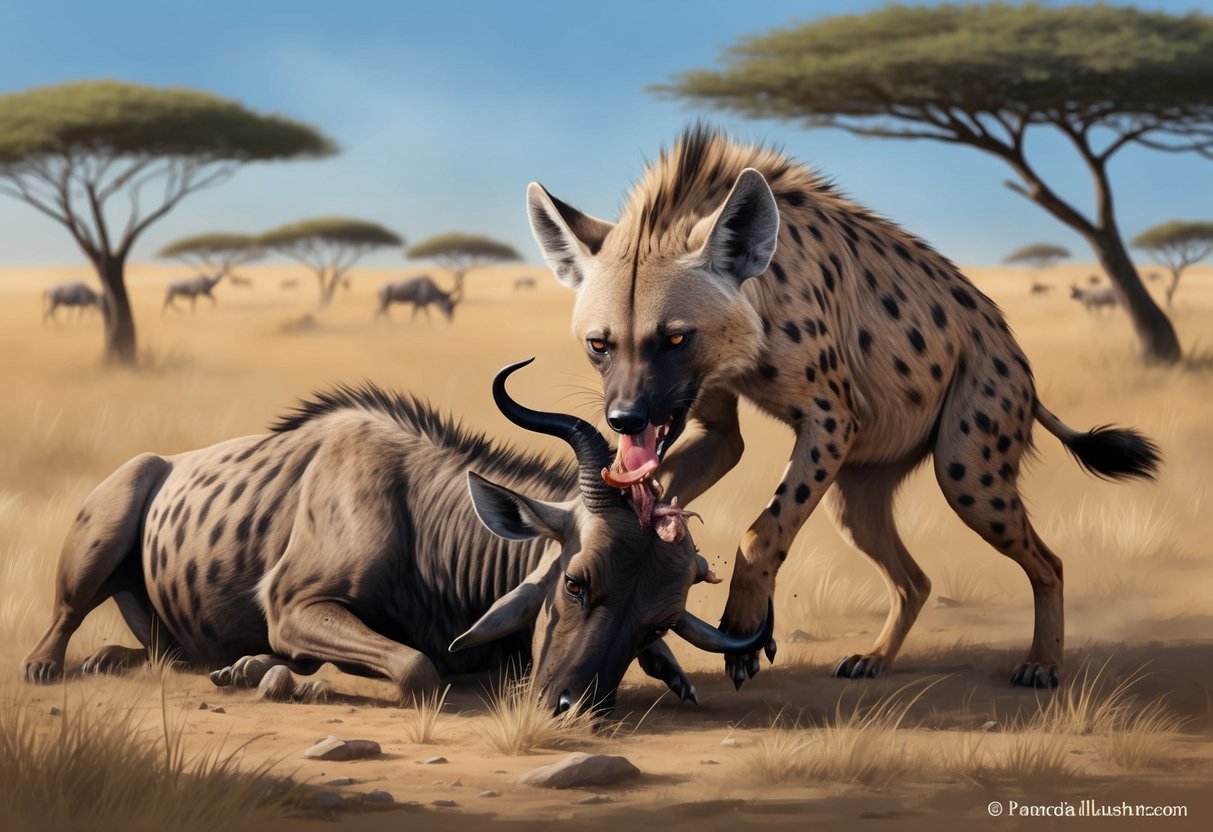 A hyena prowls the African savannah, tearing into the carcass of a wildebeest with its powerful jaws