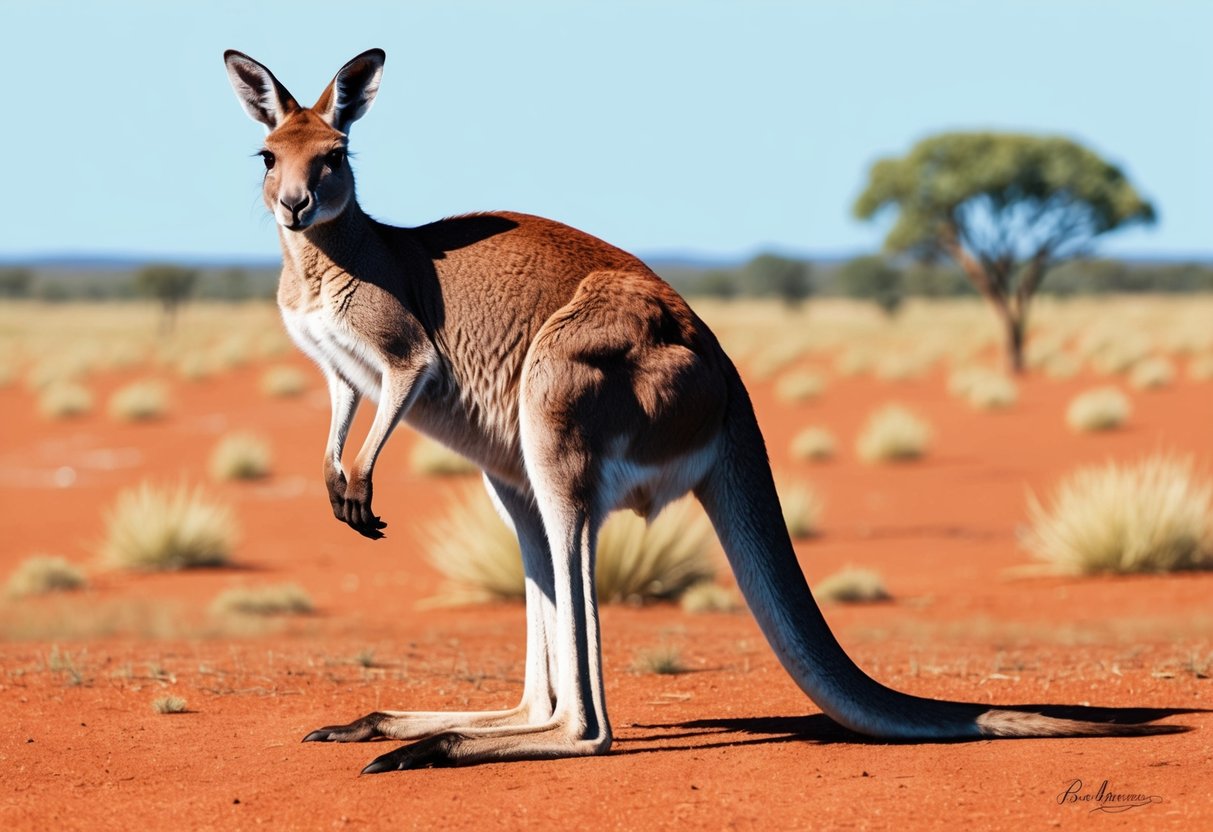 A red kangaroo stands tall in the Australian outback, its muscular body and long, powerful tail on display