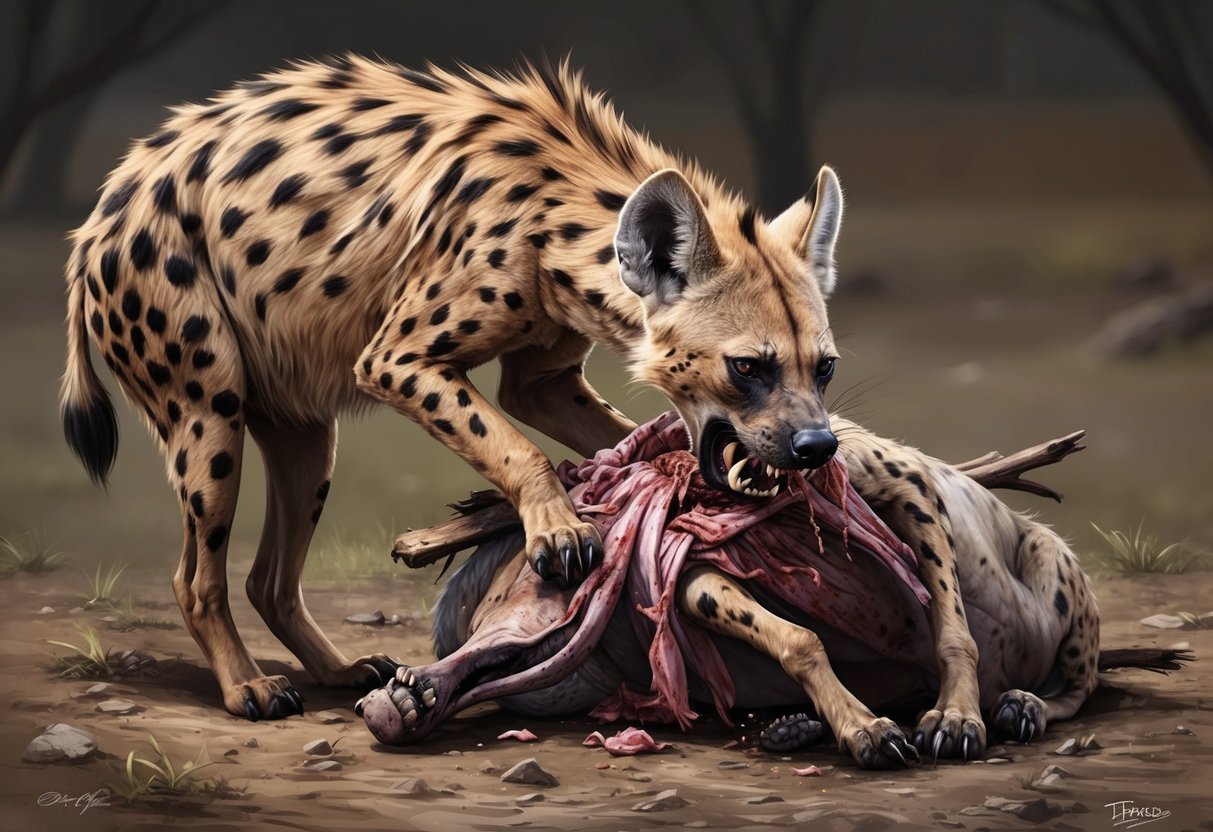 A hyena tears into a carcass, its powerful jaws ripping through flesh and bone as it feeds on the remains of a recent kill