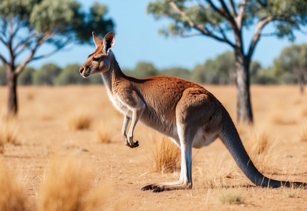 A red kangaroo hops across the Australian outback, surrounded by dry grass and eucalyptus trees