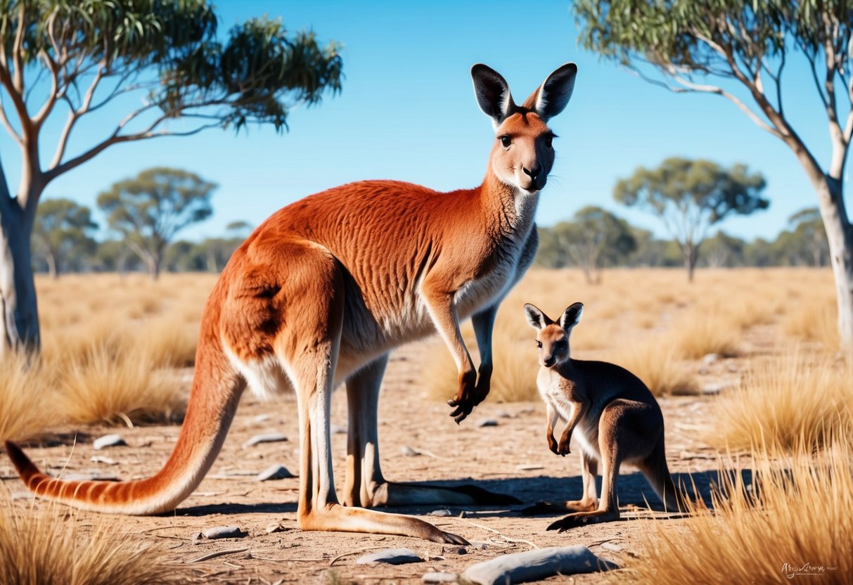 A red kangaroo standing in the Australian outback, surrounded by dry grass and eucalyptus trees, with a joey peeking out of its mother's pouch