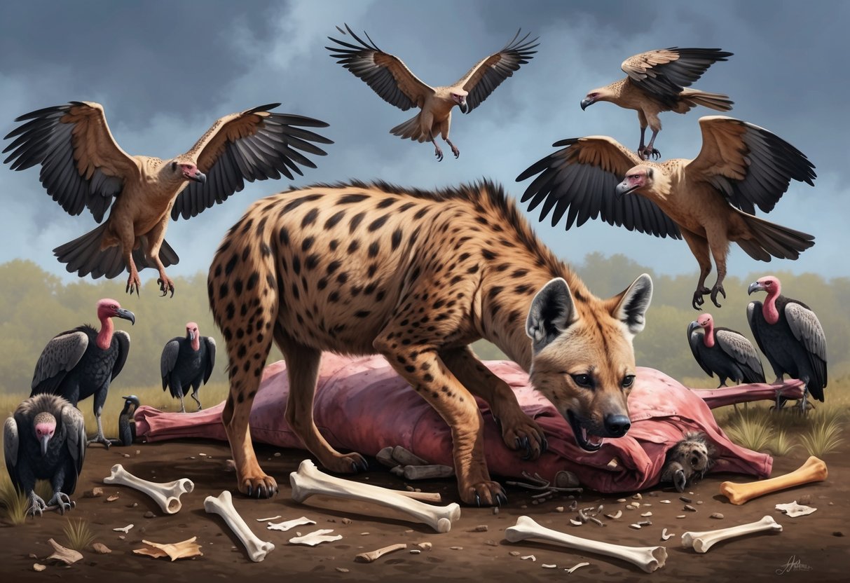 A hyena scavenging on a carcass, surrounded by vultures and other scavengers, with a variety of bones and scraps scattered around