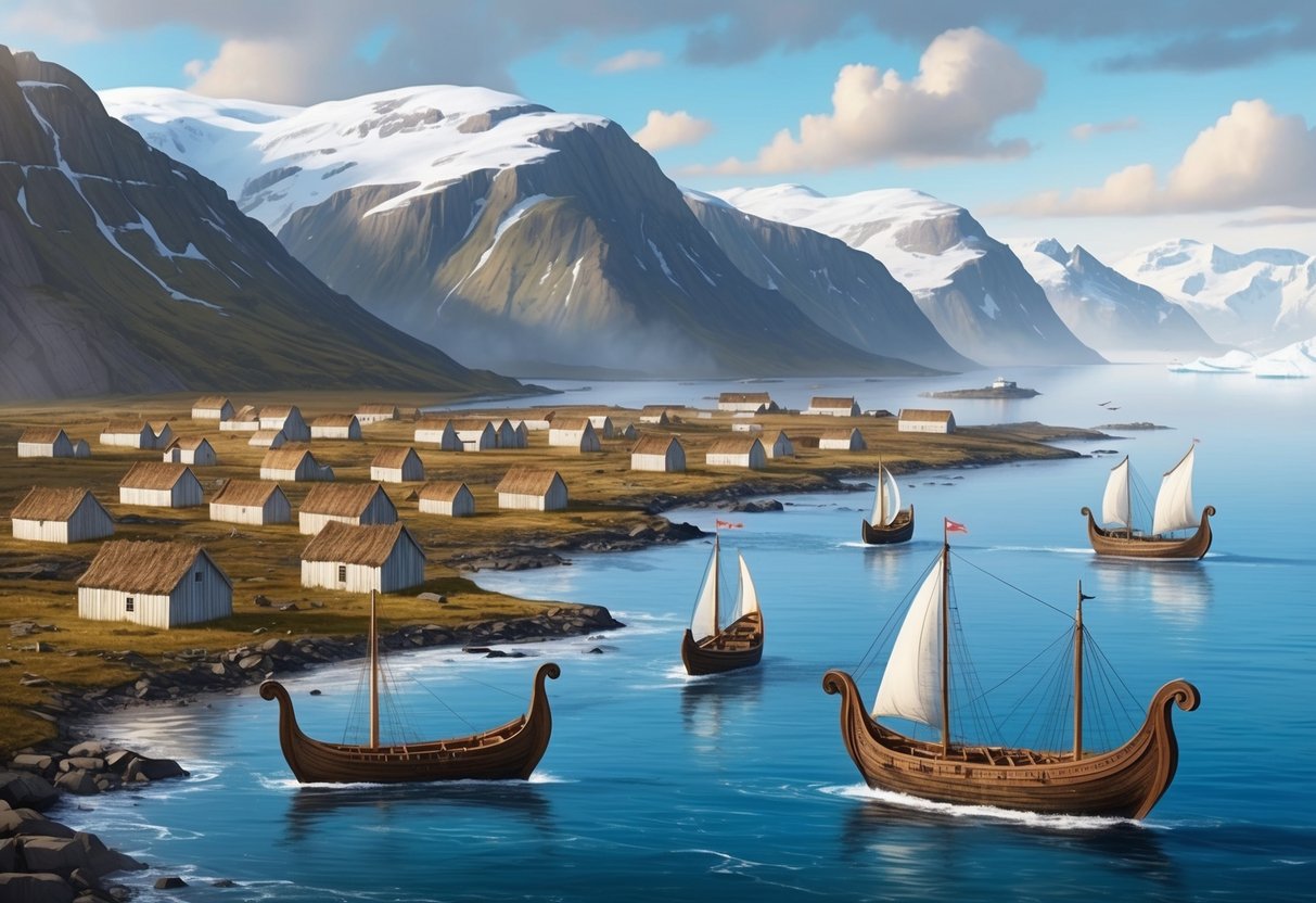 Viking longhouses and ships dotting the rugged coastline of Greenland, with mountains in the background