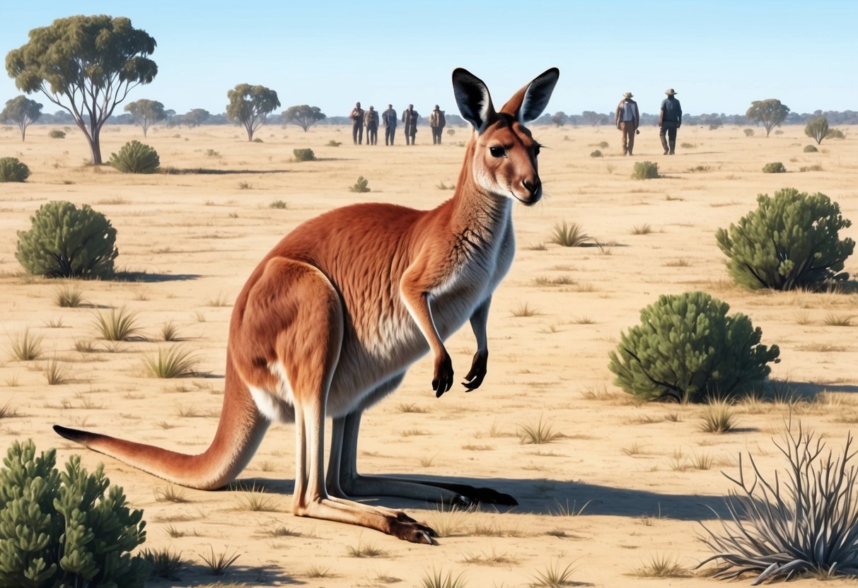 A red kangaroo stands in a dry, open grassland, surrounded by scattered bushes and small trees.</p><p>In the distance, a group of humans can be seen approaching