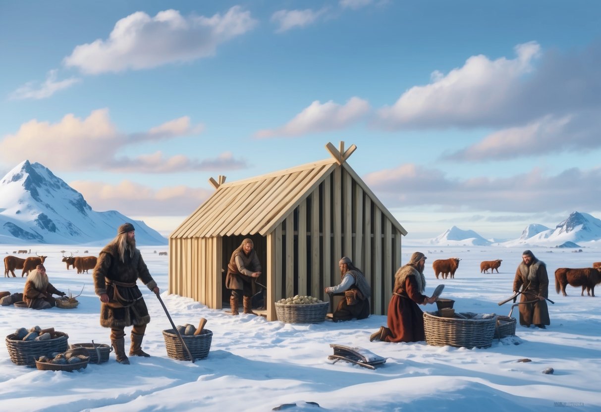 Vikings in Greenland: Men constructing sturdy wooden shelters, while women gather food and tend to livestock in the snowy landscape