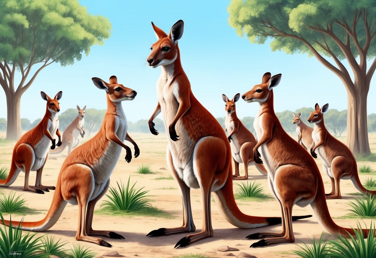 A red kangaroo standing tall, surrounded by other kangaroos, engaging in social interactions and communication through body language and vocalizations