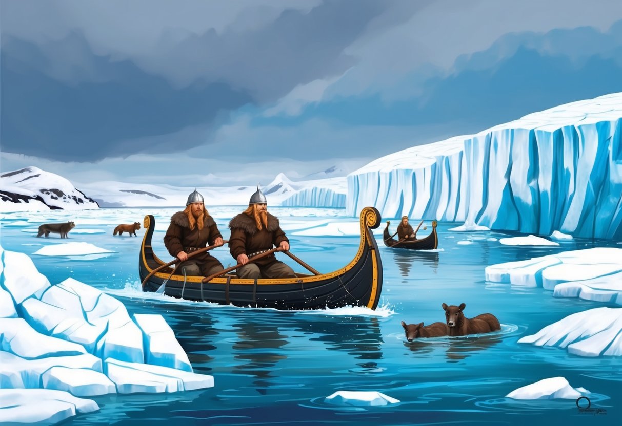 Vikings navigating icy waters amid melting glaciers and struggling wildlife in Greenland