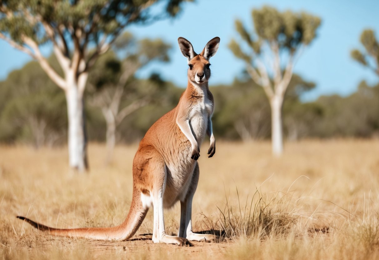 A red kangaroo stands tall in the Australian outback, surrounded by dry grass and eucalyptus trees