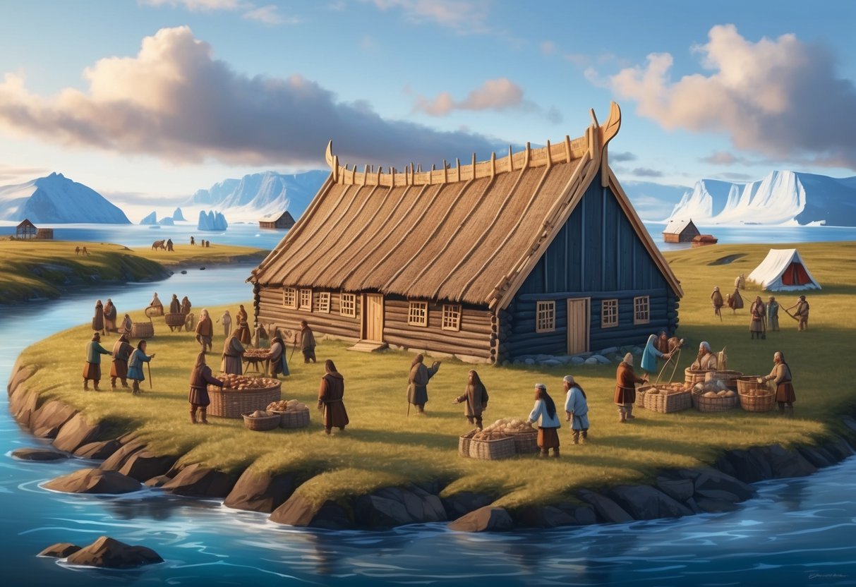 A Viking longhouse in Greenland, surrounded by indigenous people and European settlers trading goods and interacting peacefully