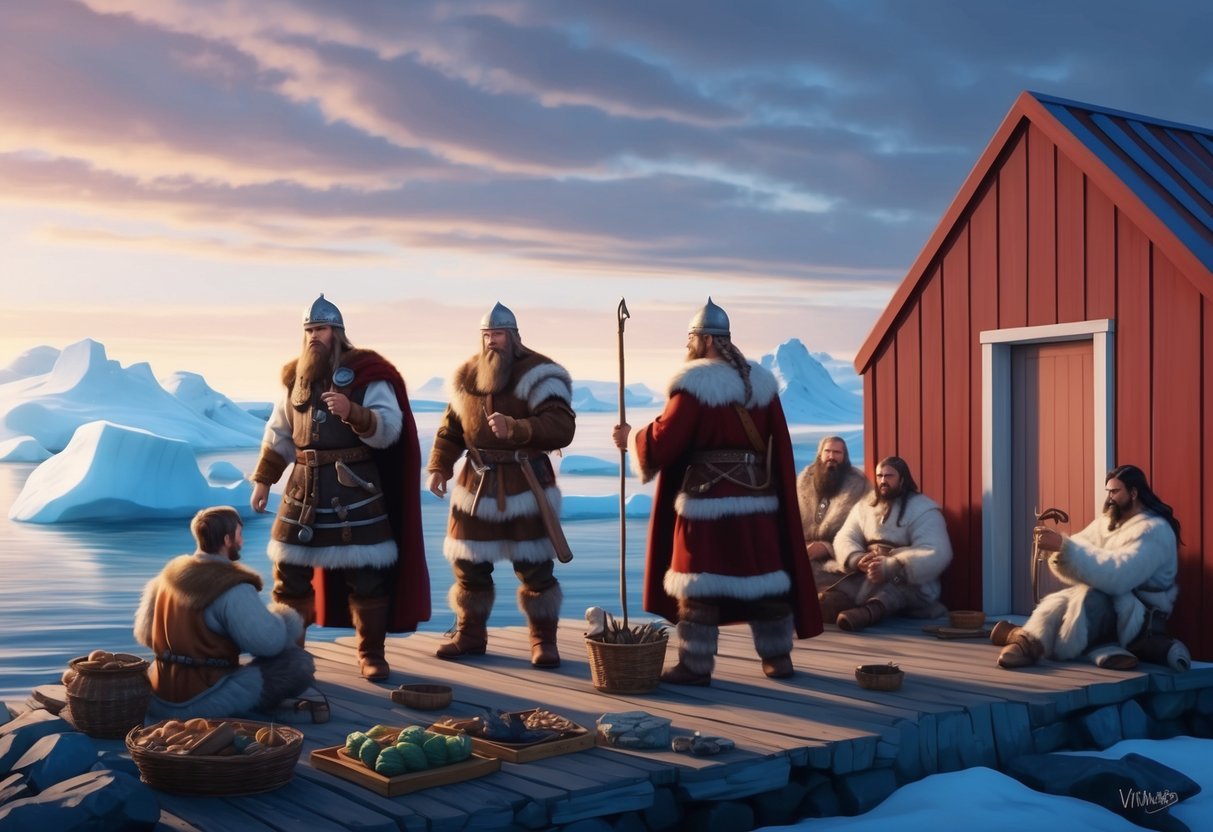 Vikings trading goods with Inuit in a Greenland settlement