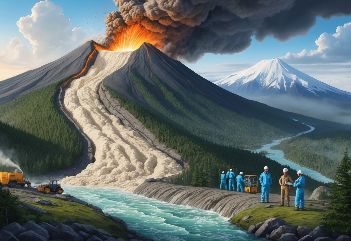 A volcano erupts as a large lahar flows down the mountainside, threatening nearby communities.</p><p>Scientists work to control the eruption and divert the lahar away from populated areas