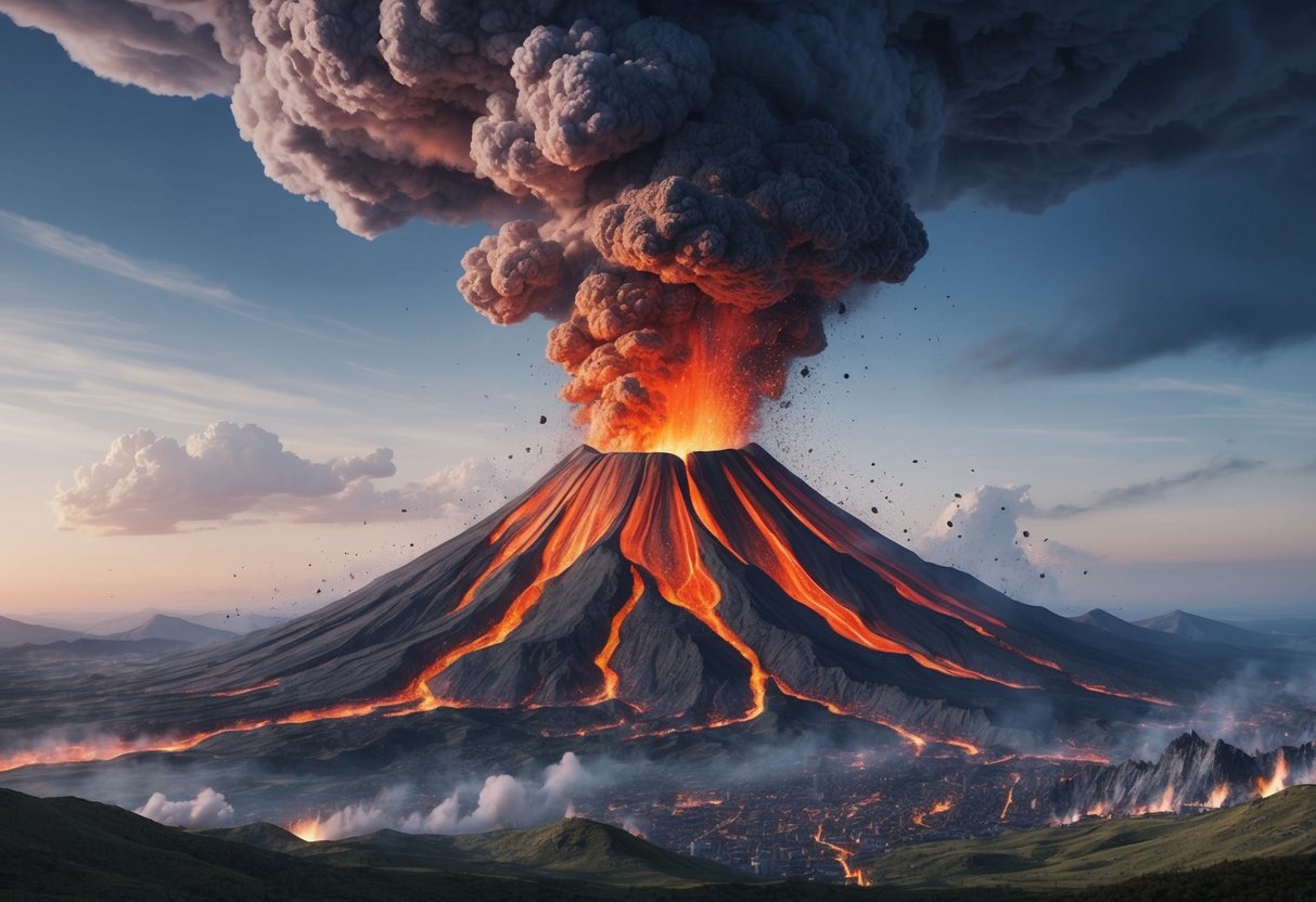 A massive volcano erupting, spewing molten lava and ash into the sky, causing destruction and chaos in its wake