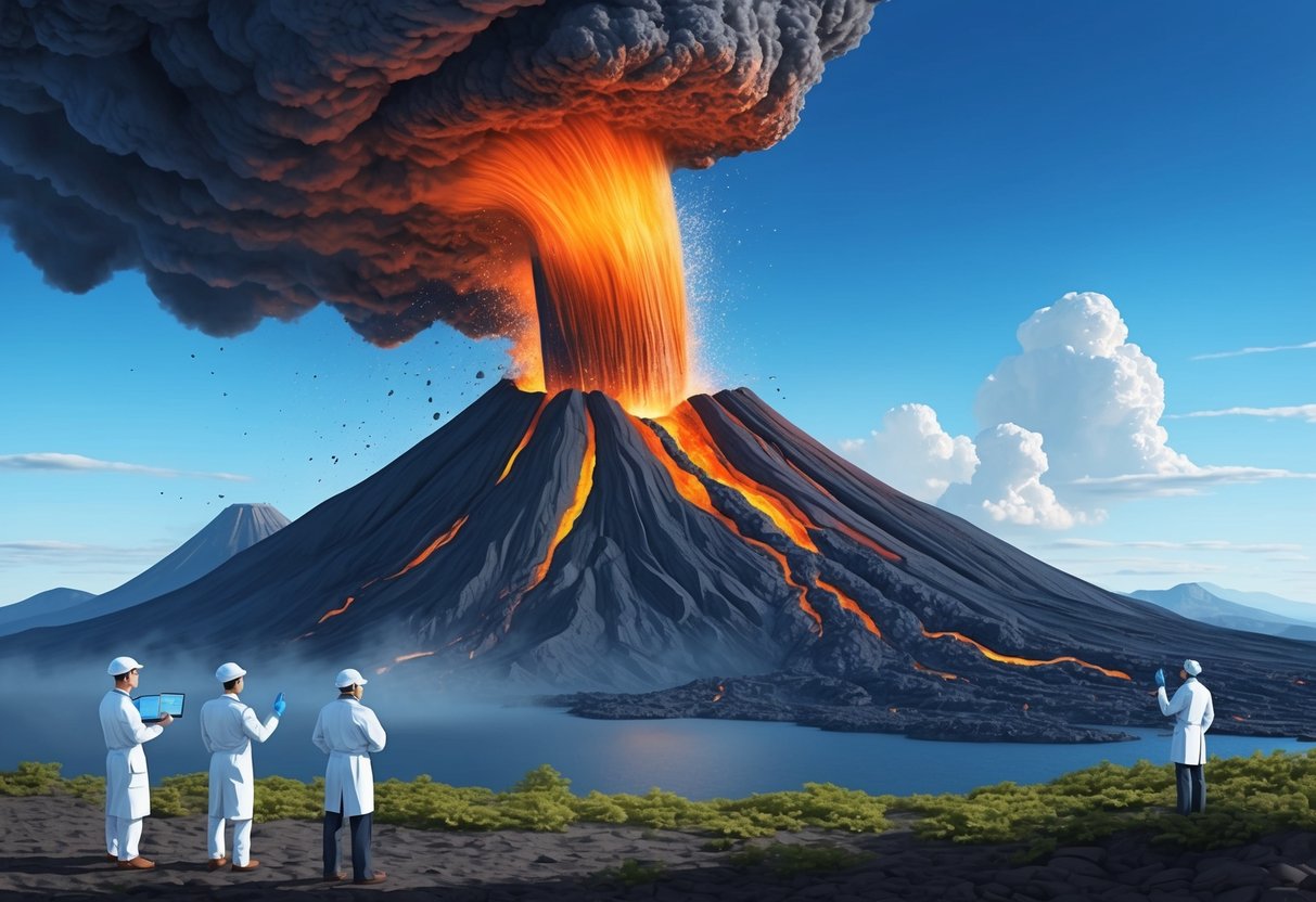 A massive volcano erupts under a clear blue sky, spewing molten lava and ash into the air while scientists observe from a safe distance