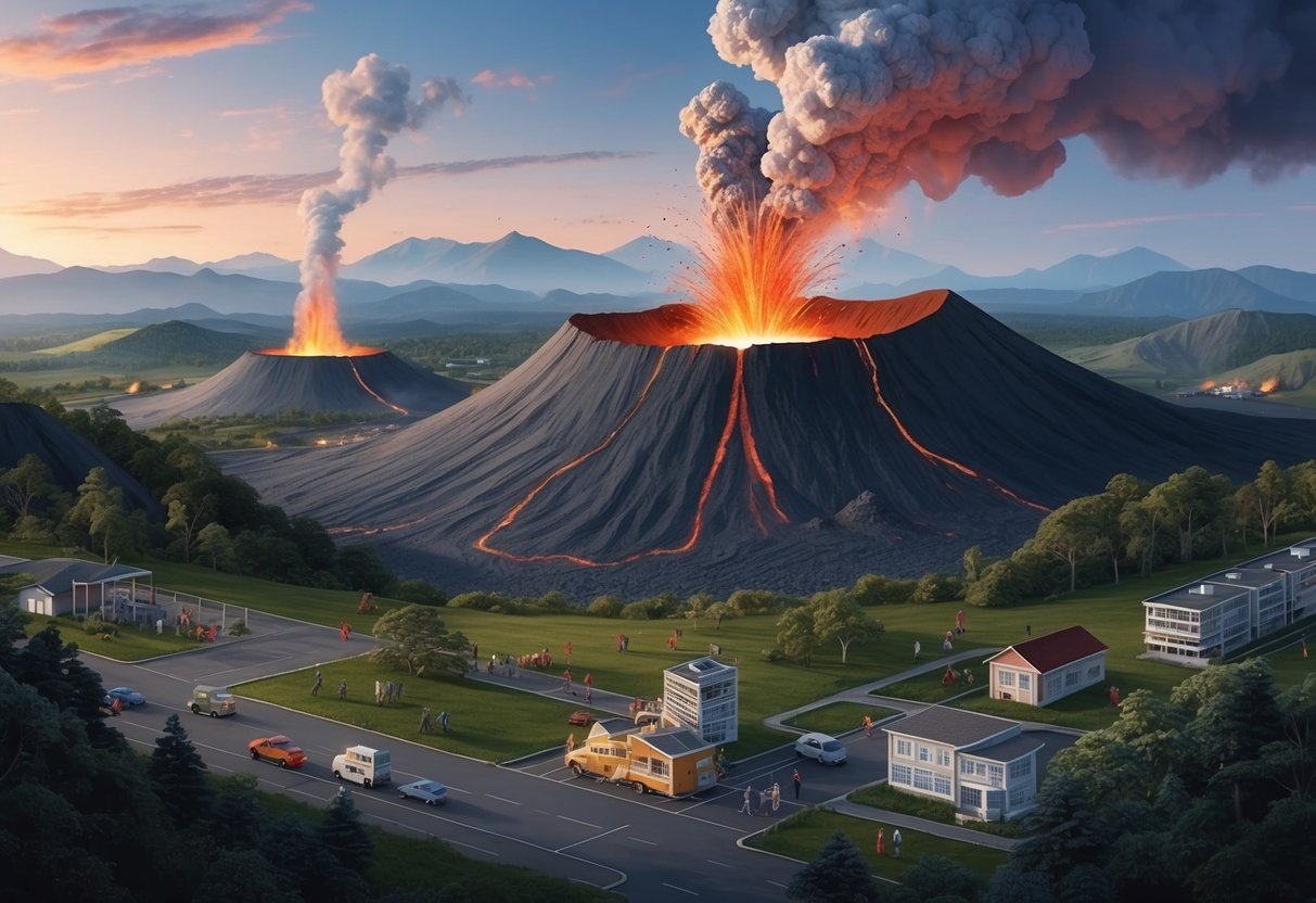 A volcanic landscape with controlled eruptions and people evacuating safely