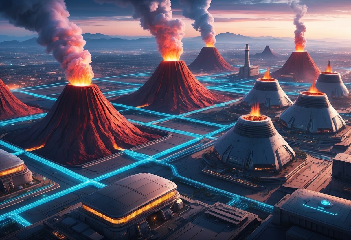 A futuristic city with controlled volcanoes powering energy grids