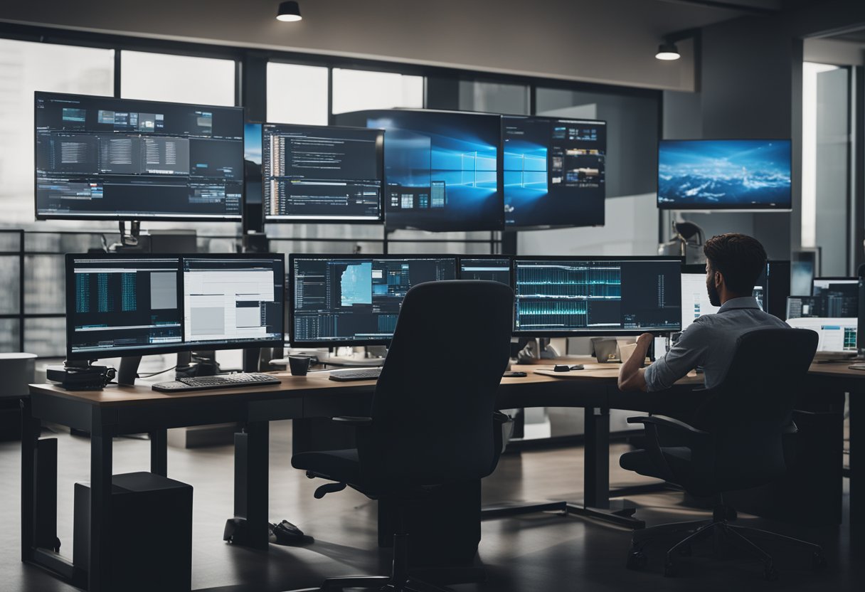 A bustling office with multiple computer screens displaying remote desktop software being used for commercial purposes