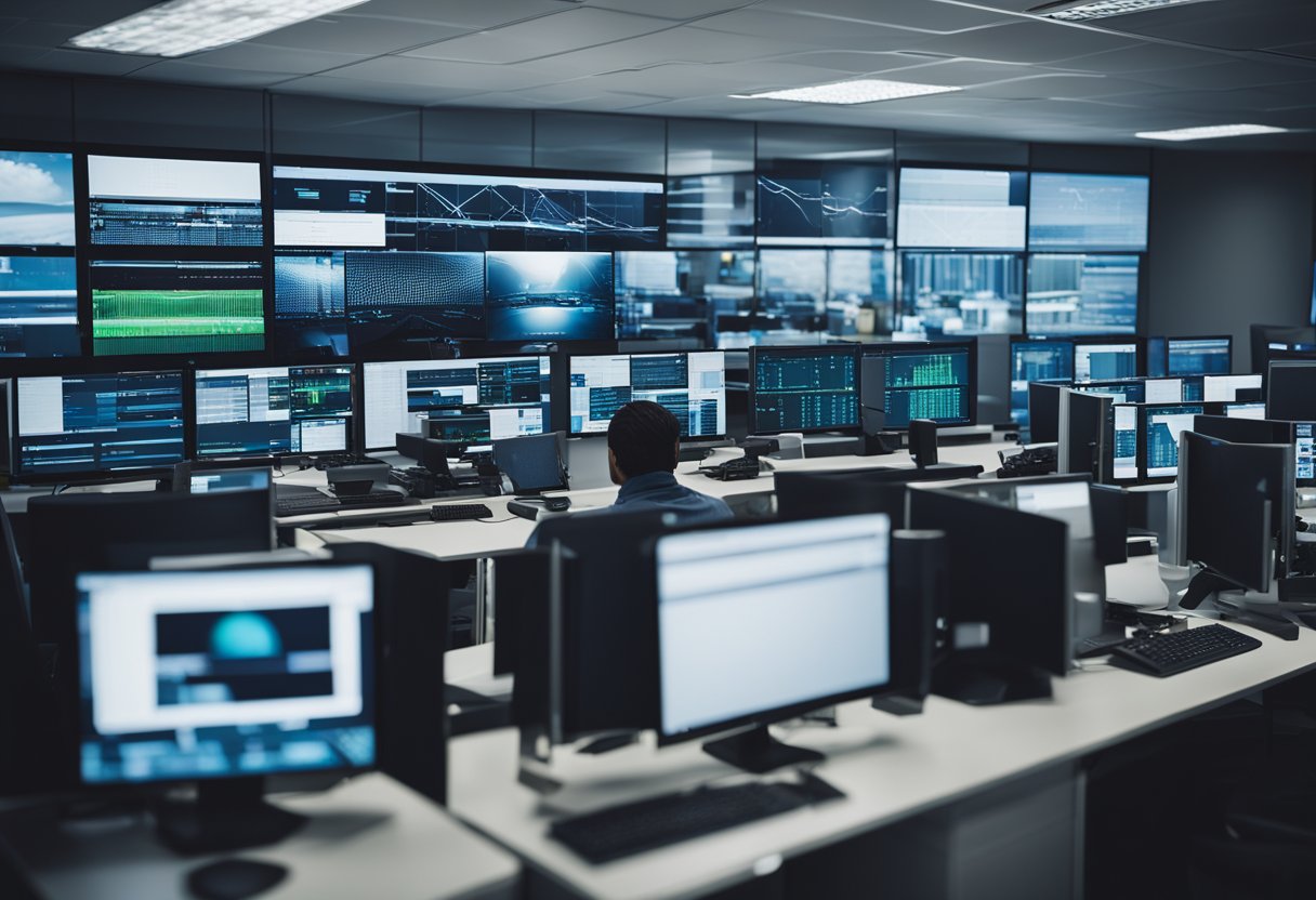 A bustling office with multiple computer screens displaying remote desktop software interfaces, employees collaborating and managing commercial tasks