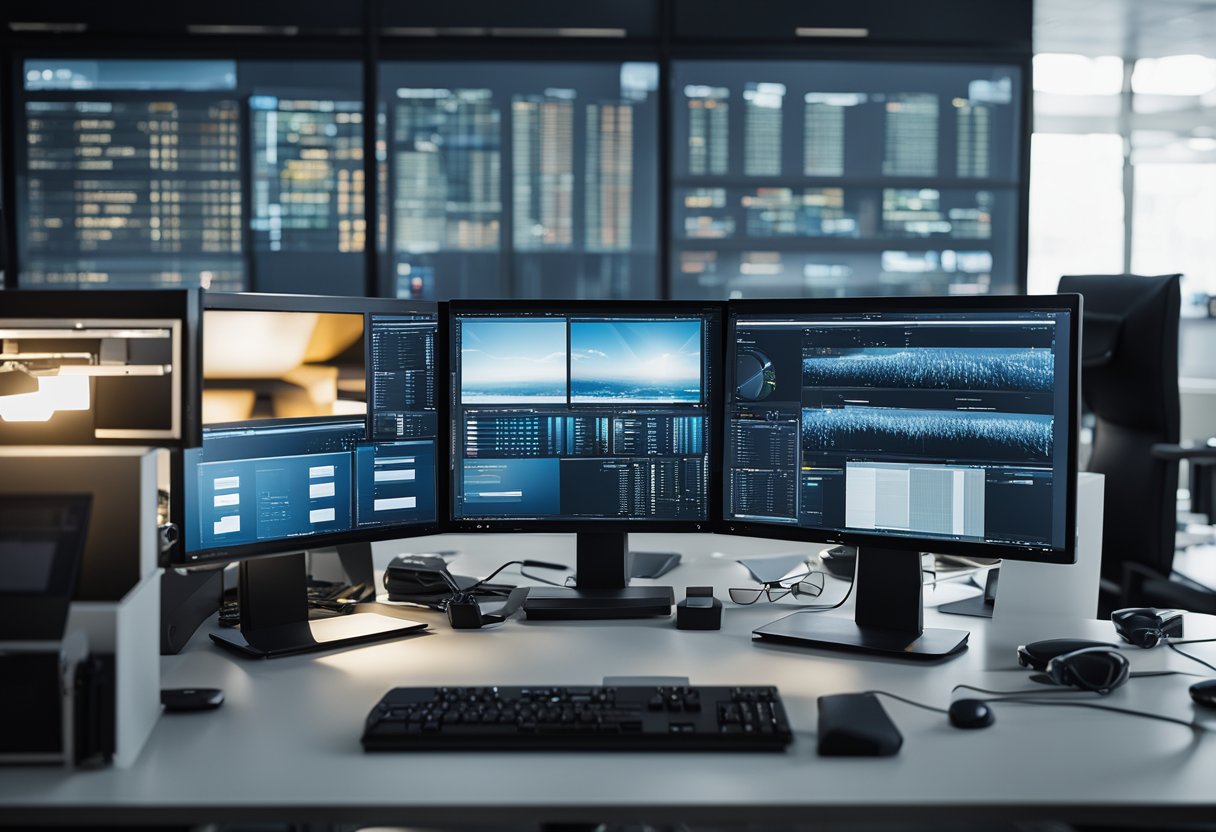 Multiple computer screens displaying various remote desktop software interfaces, surrounded by office equipment and a professional setting