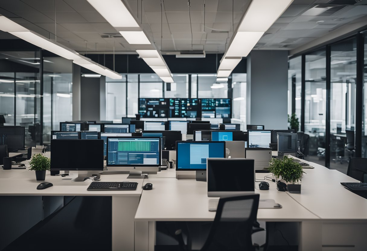 A modern office setting with multiple computer workstations connected through remote desktop software, showing seamless and efficient collaboration among employees