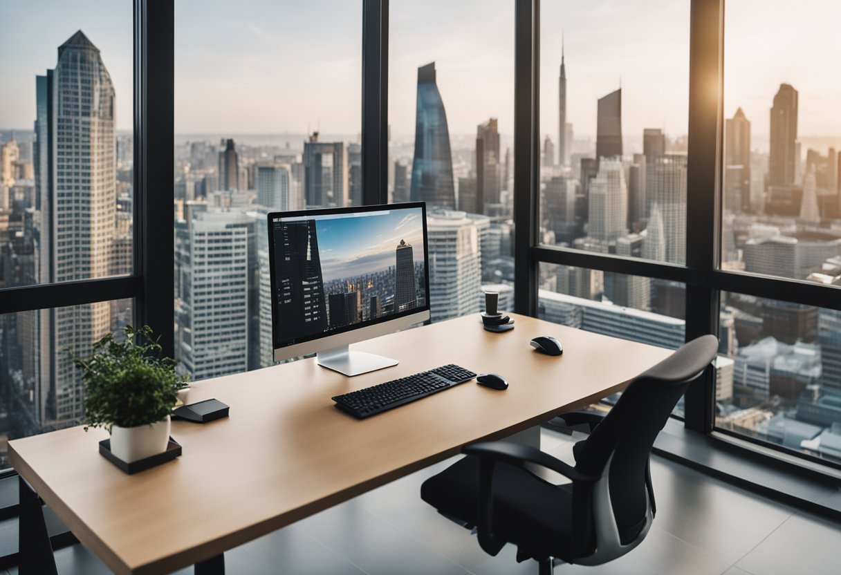 A modern office desk with a computer, keyboard, and mouse, surrounded by office supplies and a window with a cityscape view