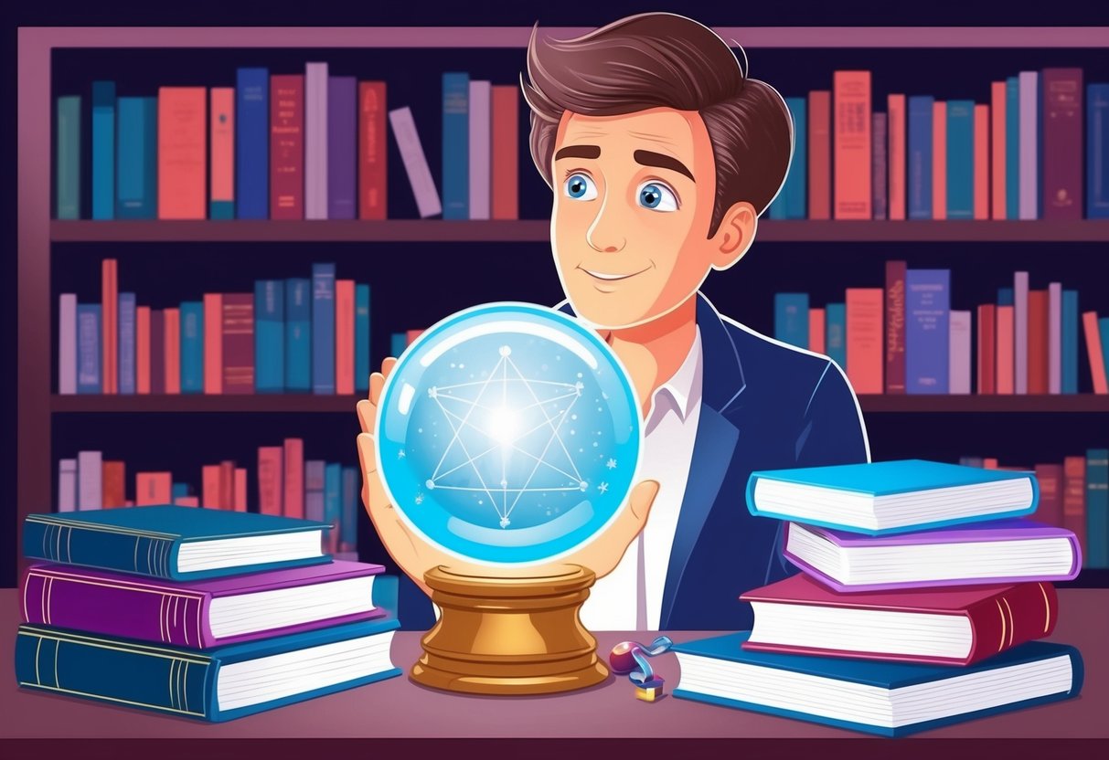 A person looking at a crystal ball with a skeptical expression, surrounded by books on psychology and pseudoscience