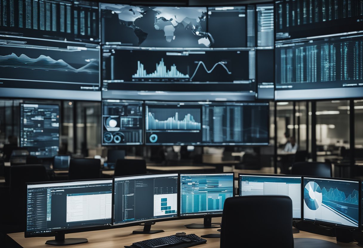 A modern office setting with multiple computer monitors displaying remote desktop software interfaces
