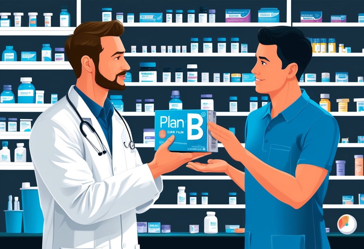 A man holding a box of Plan B while talking to a pharmacist