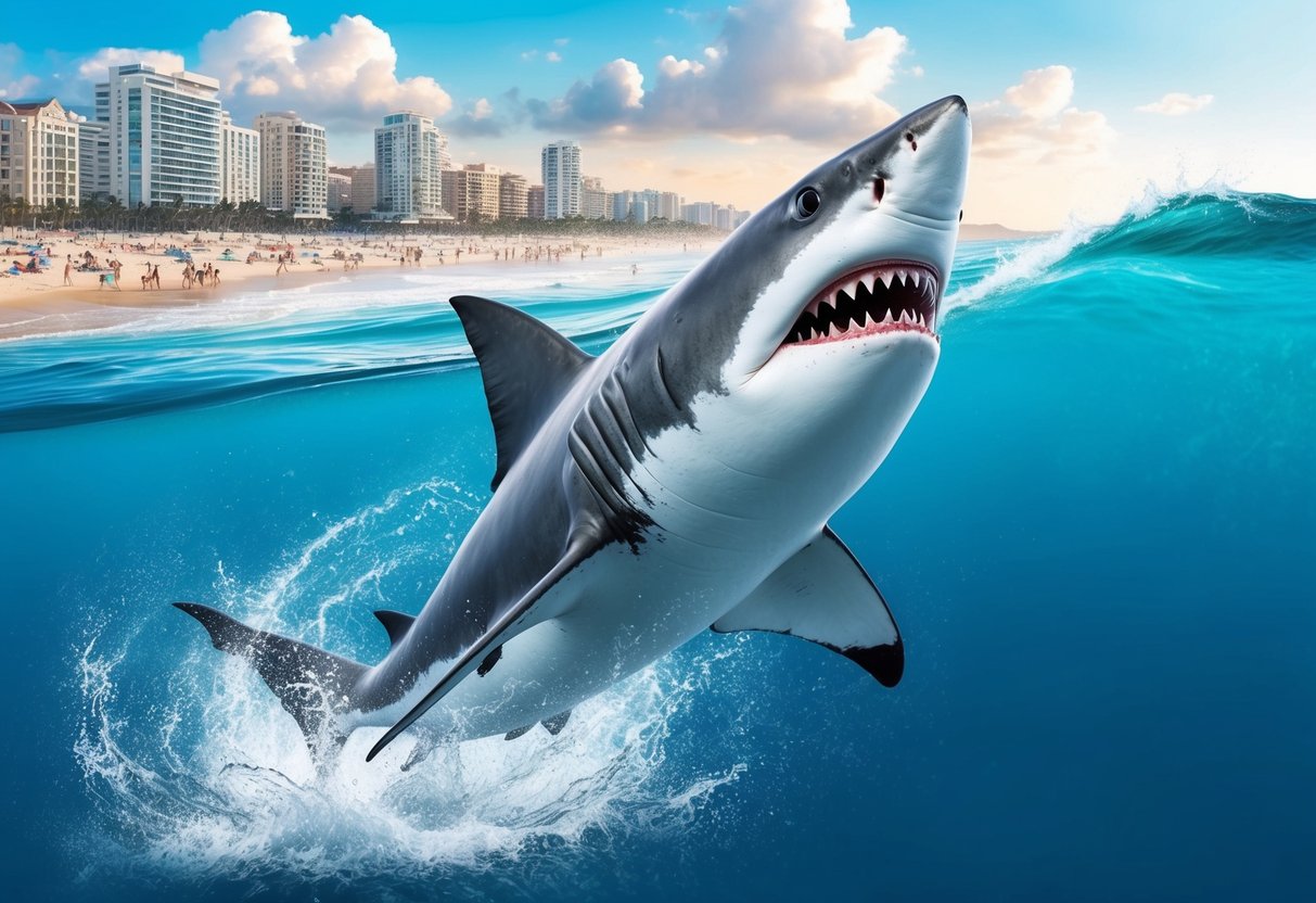 A shark fin slicing through the water near a crowded beach