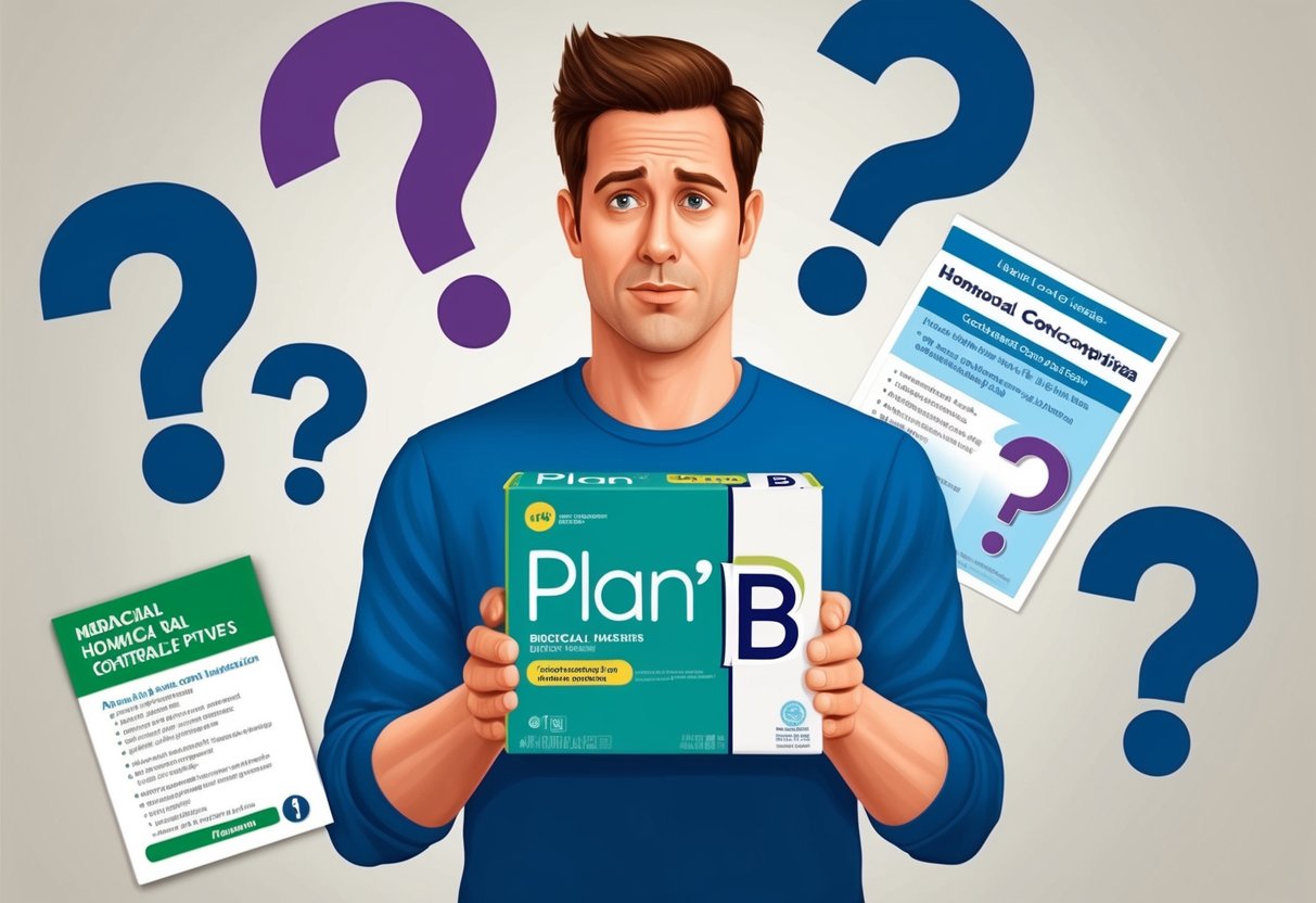 A man holding a box of Plan B with a confused expression, surrounded by question marks and a medical pamphlet on hormonal contraceptives