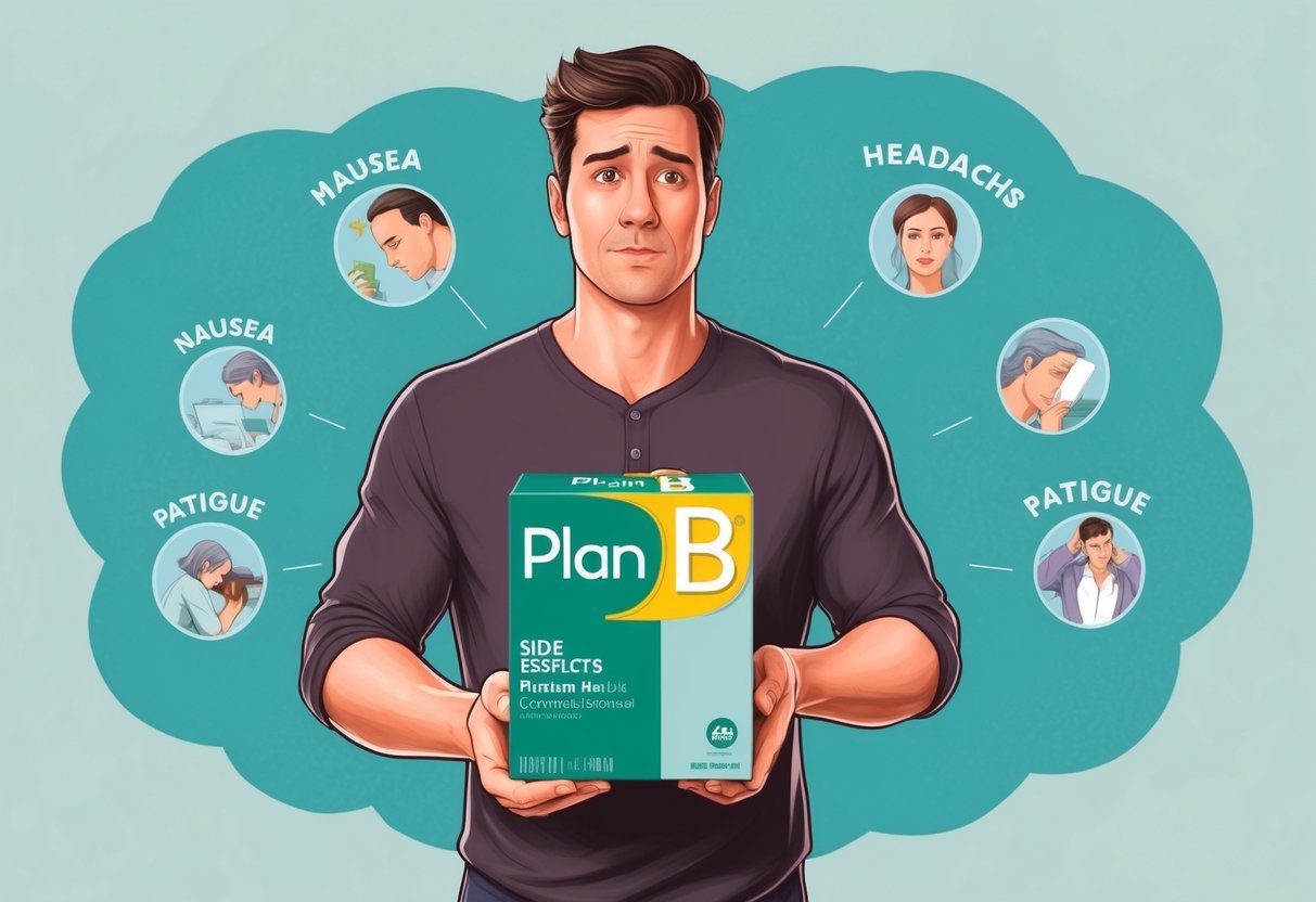 A man holding a box of Plan B with a concerned expression, surrounded by various side effects like nausea, headache, and fatigue