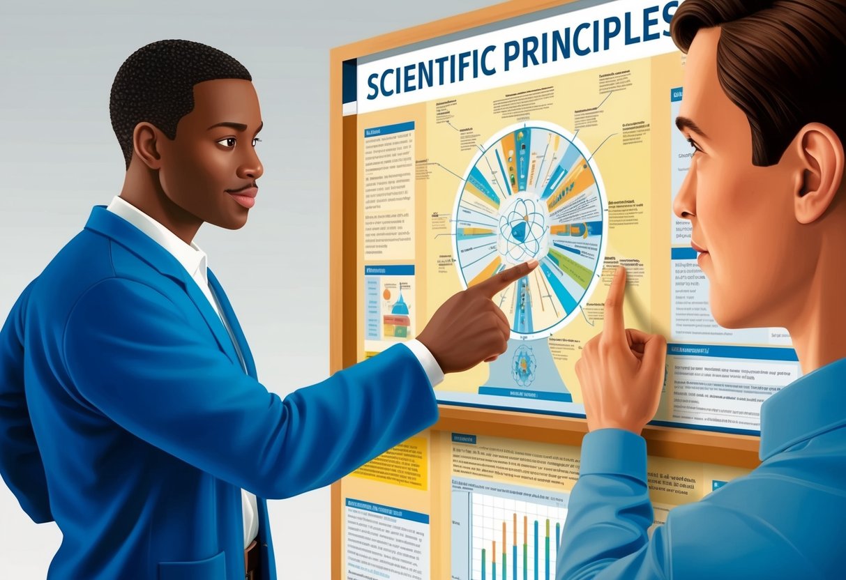 A person pointing at a chart of scientific principles, while another person scrutinizes it with a critical eye