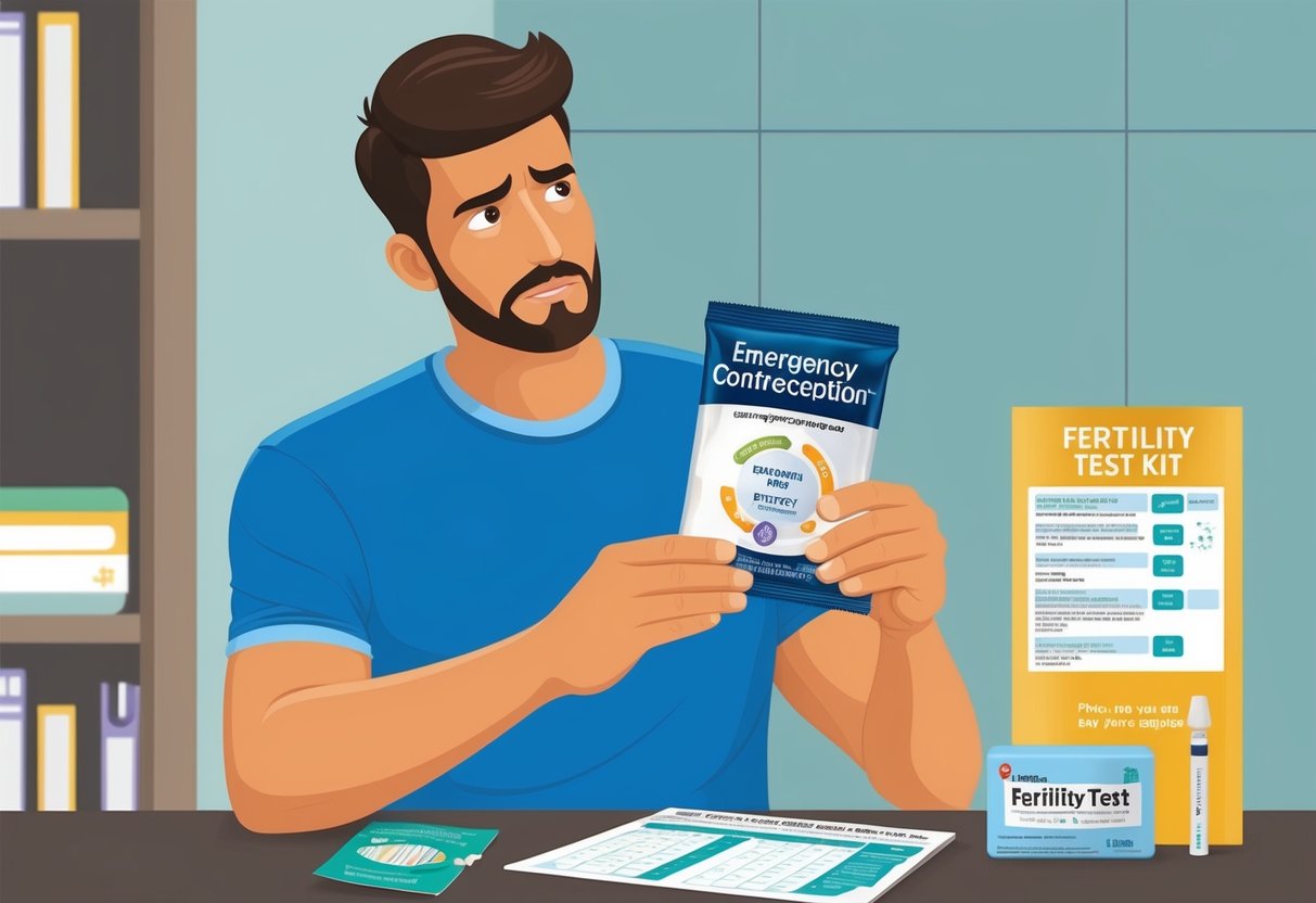 A man holding a pack of emergency contraception while looking concerned, with a medical pamphlet and a fertility test kit on the table