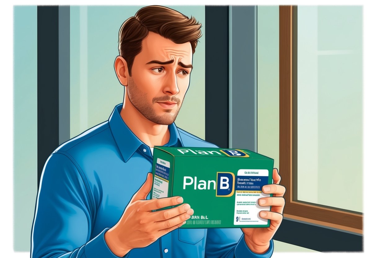 A man holding a Plan B box, looking confused and reading the label