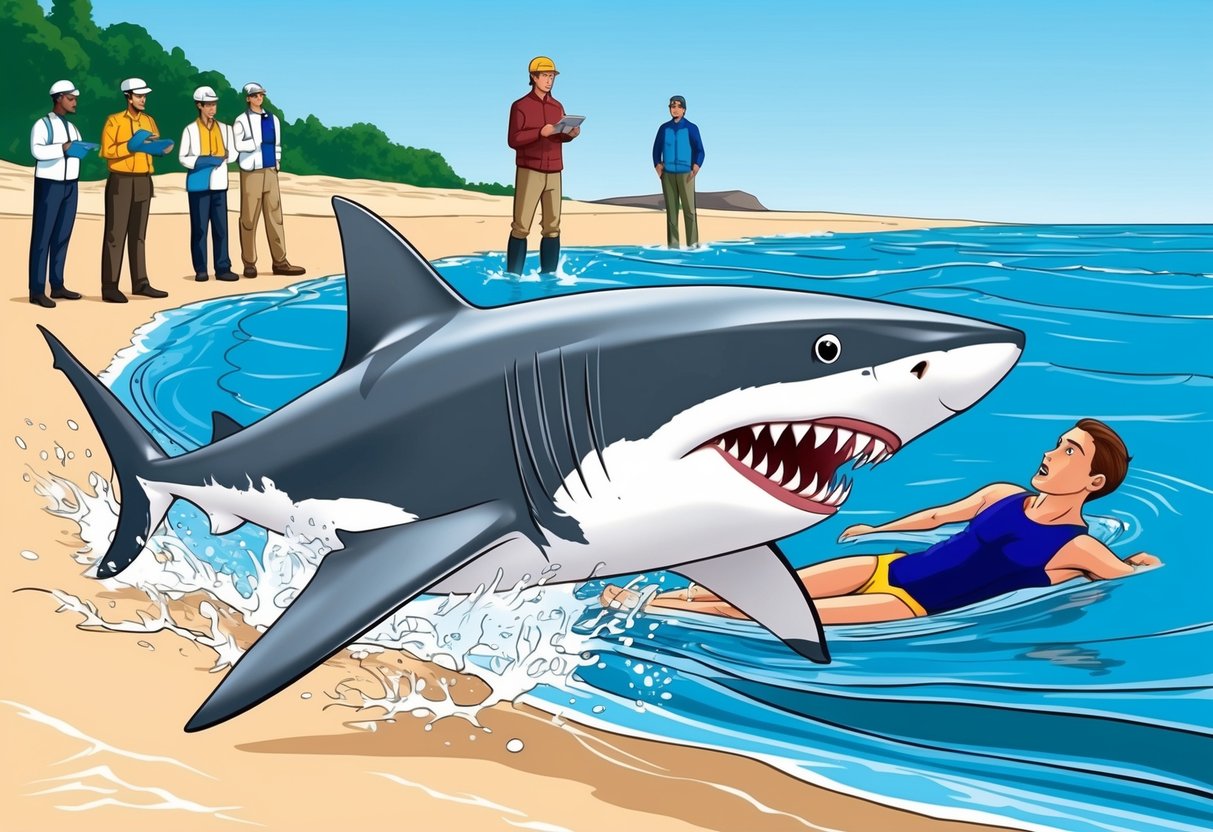 A shark attacking a swimmer near the shore as researchers and onlookers observe from a distance