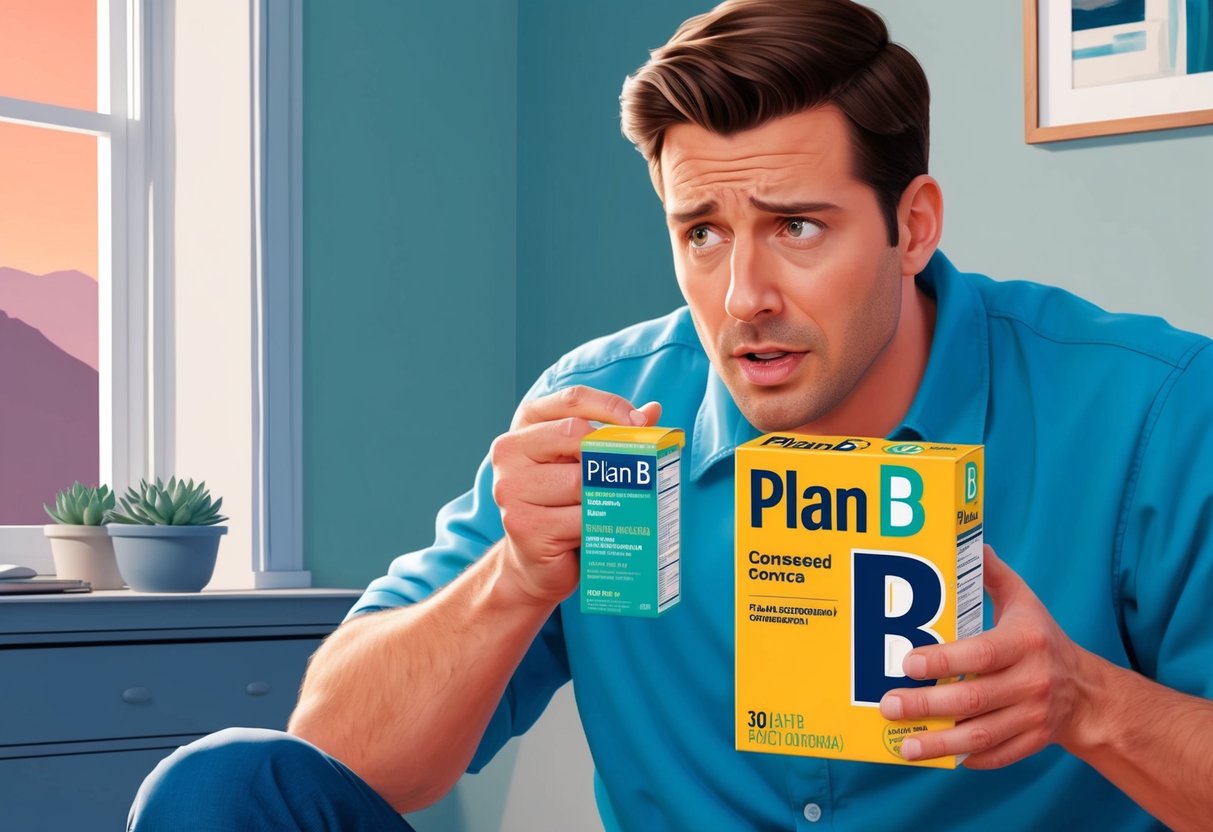 A man holding a box of Plan B while looking confused and concerned