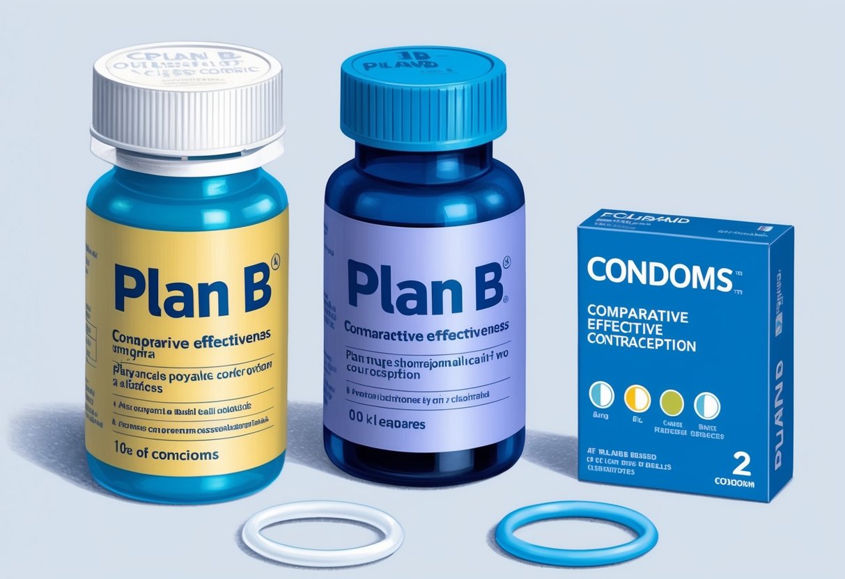 A pill bottle labeled "Plan B" sits next to a box of condoms.</p><p>A chart shows comparative effectiveness of various contraception methods