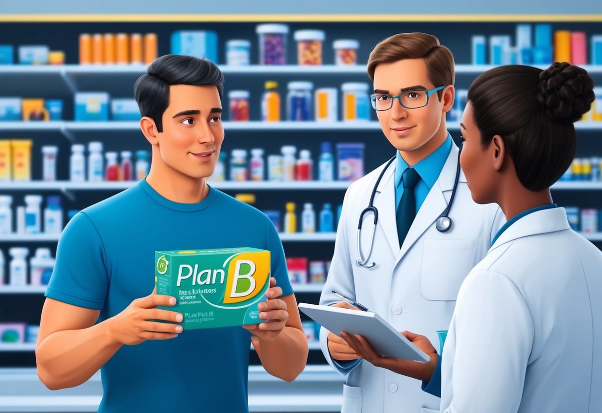 A man holding a box of Plan B while speaking with a pharmacist.</p><p>The pharmacist is explaining the risks and prevention of STIs