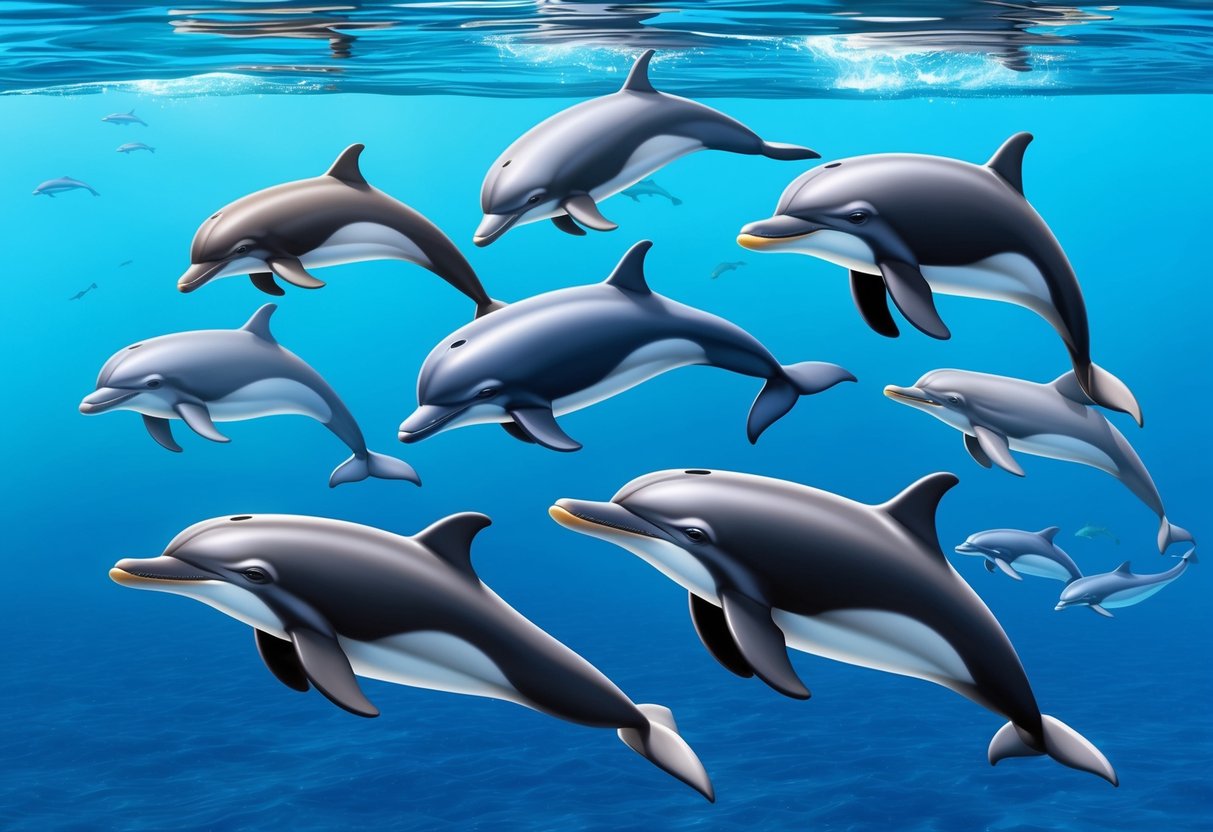 A pod of dolphins swimming in the clear blue ocean, showcasing their varying sizes and shapes