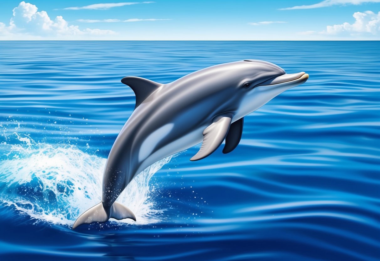 A large dolphin gracefully swims through the clear blue ocean, its sleek body gliding effortlessly through the water