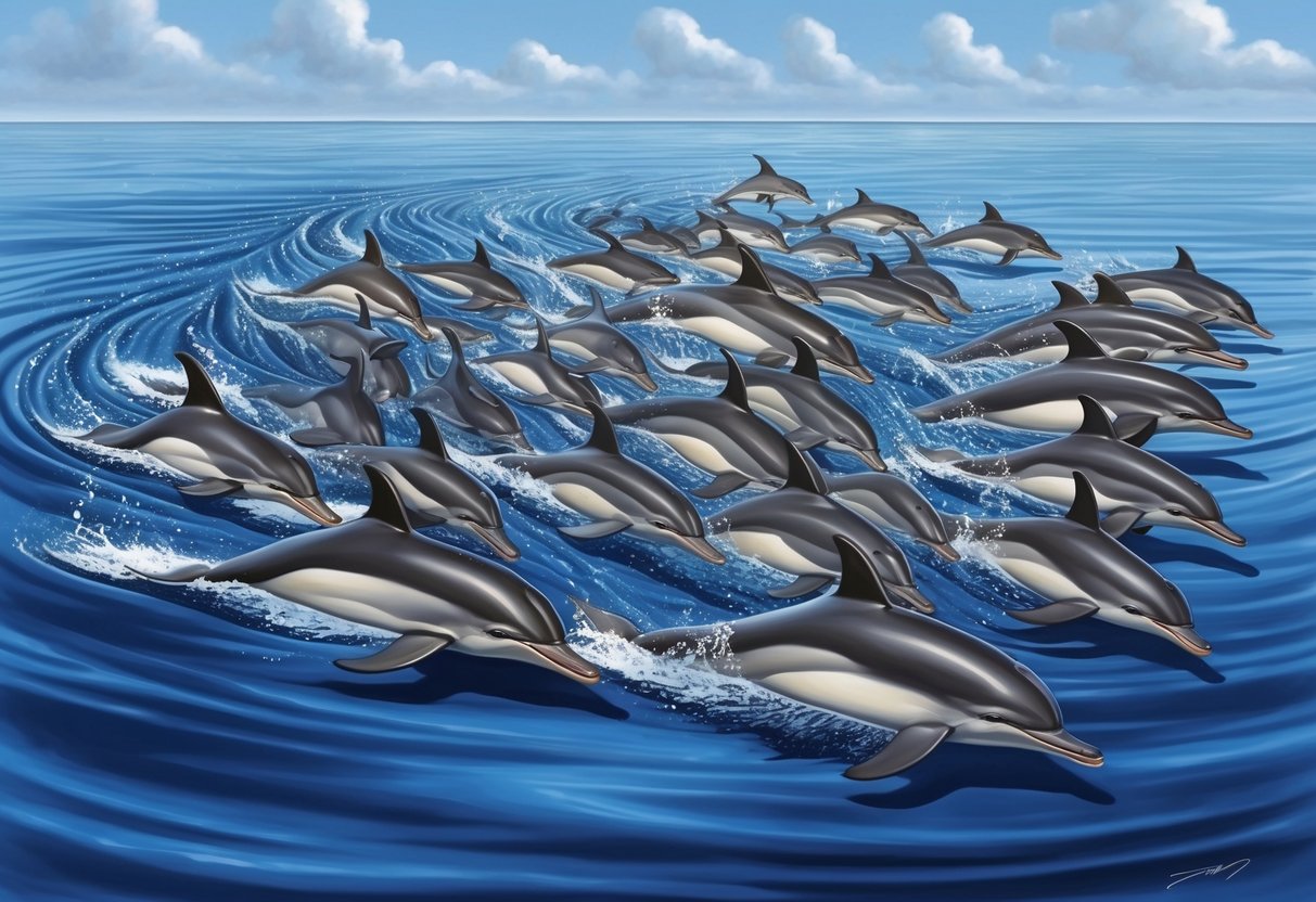 A pod of dolphins swimming in a tight formation, displaying social structure and communication through synchronized movements